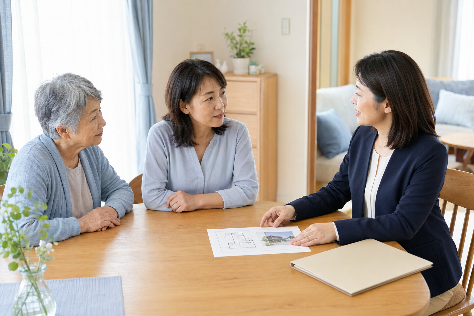 自宅で住まいとケアについて相談するご家族と女性相談員